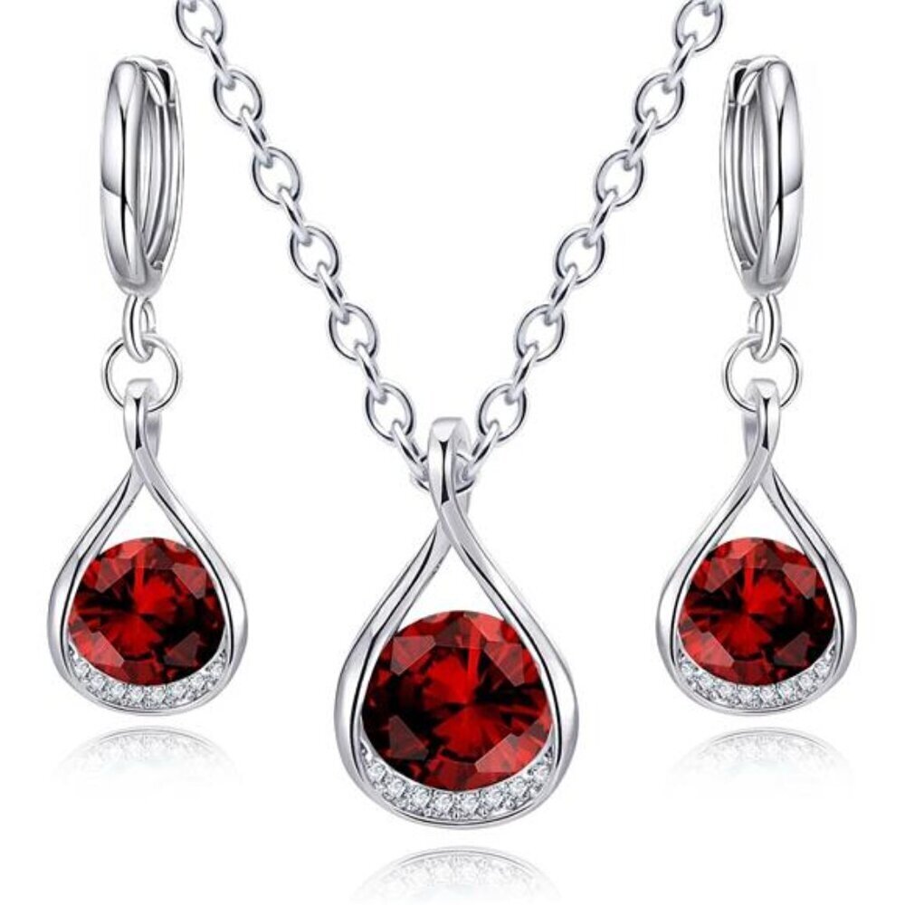 Simplicity Red CZ Teardrop Jewelry Set–Necklace and Earrings Set Evening or Work